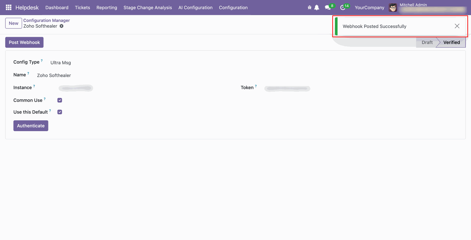 WhatsApp webhook posted successfully