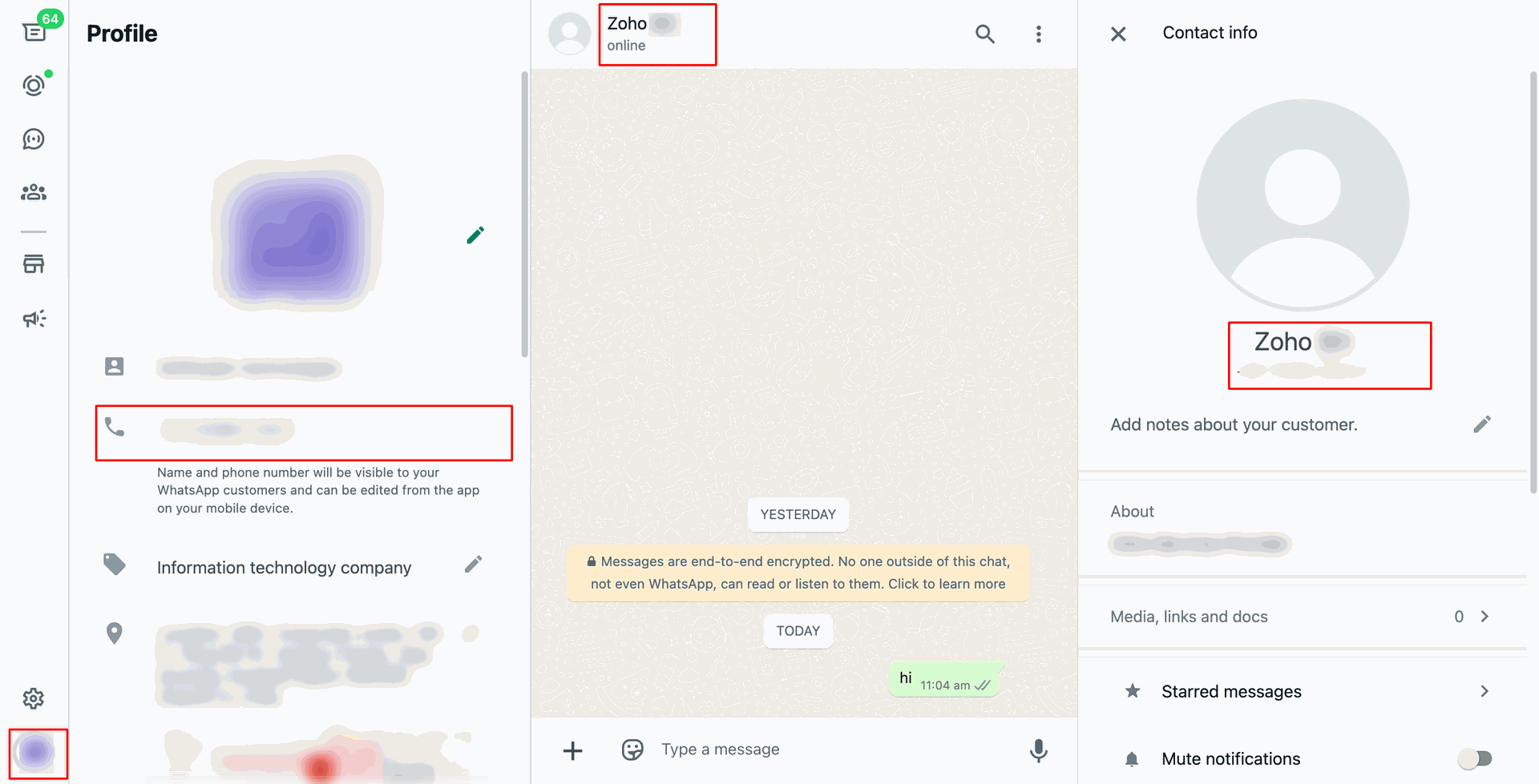 WhatsApp chat window with HI message