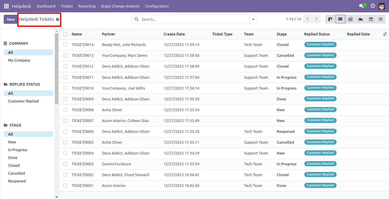 Helpdesk Ticket list view