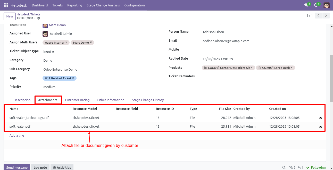 Helpdesk Ticket attachment tab for customer documents