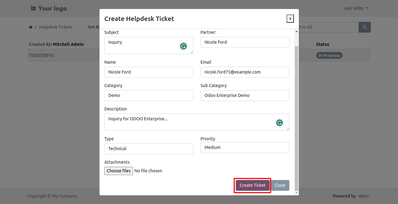 Portal helpdesk ticket creation wizard with partner selection