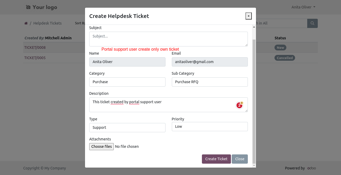 Portal user ticket creation view
