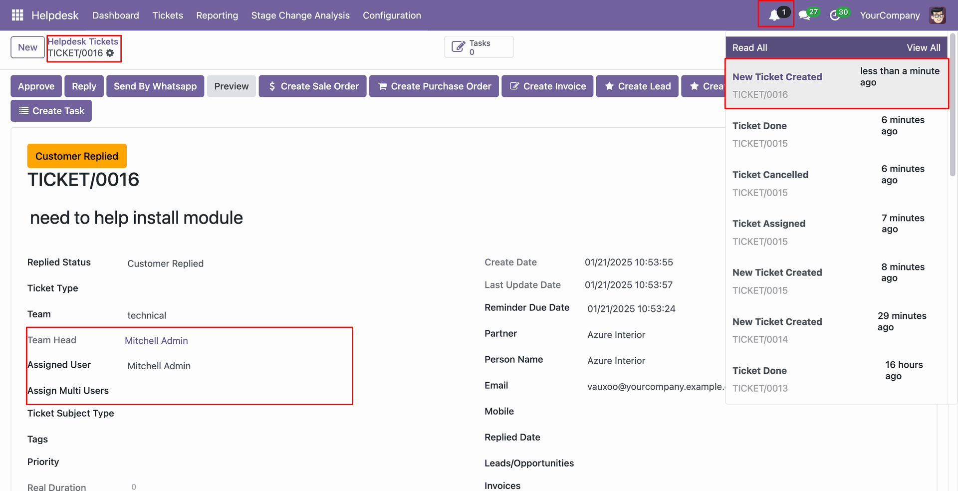 New Helpdesk ticket notification in the notification menu