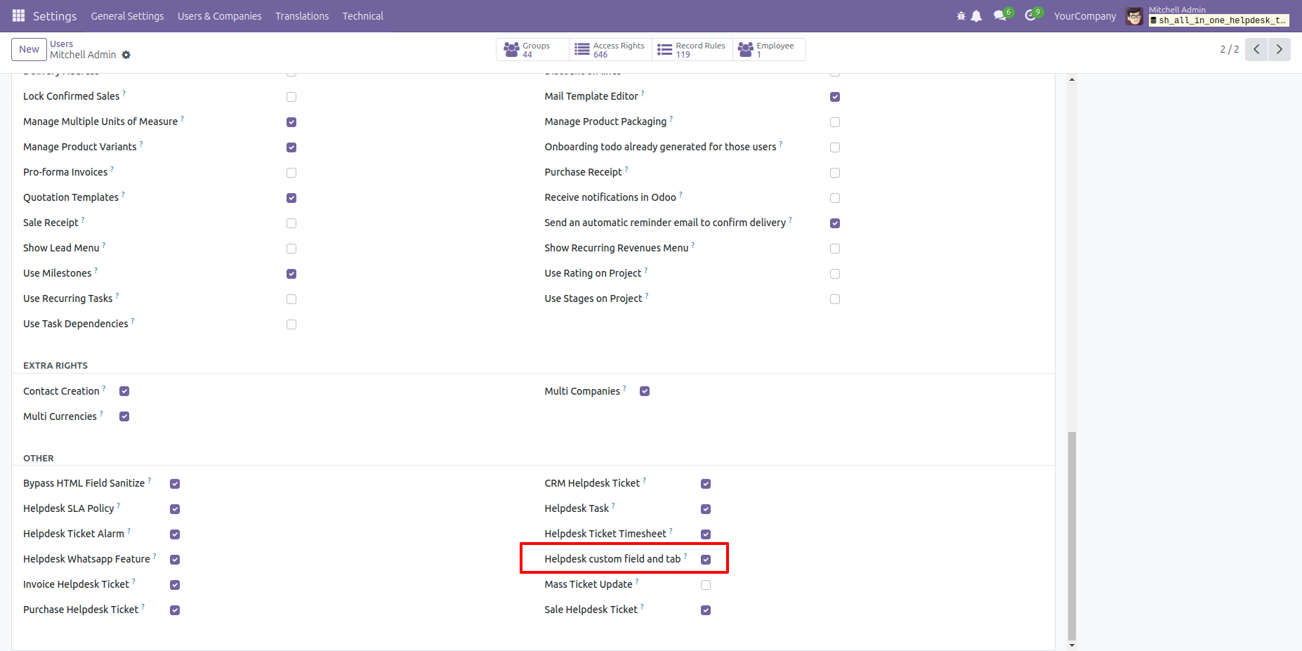 Enable Helpdesk Custom Fields and Tabs from configuration