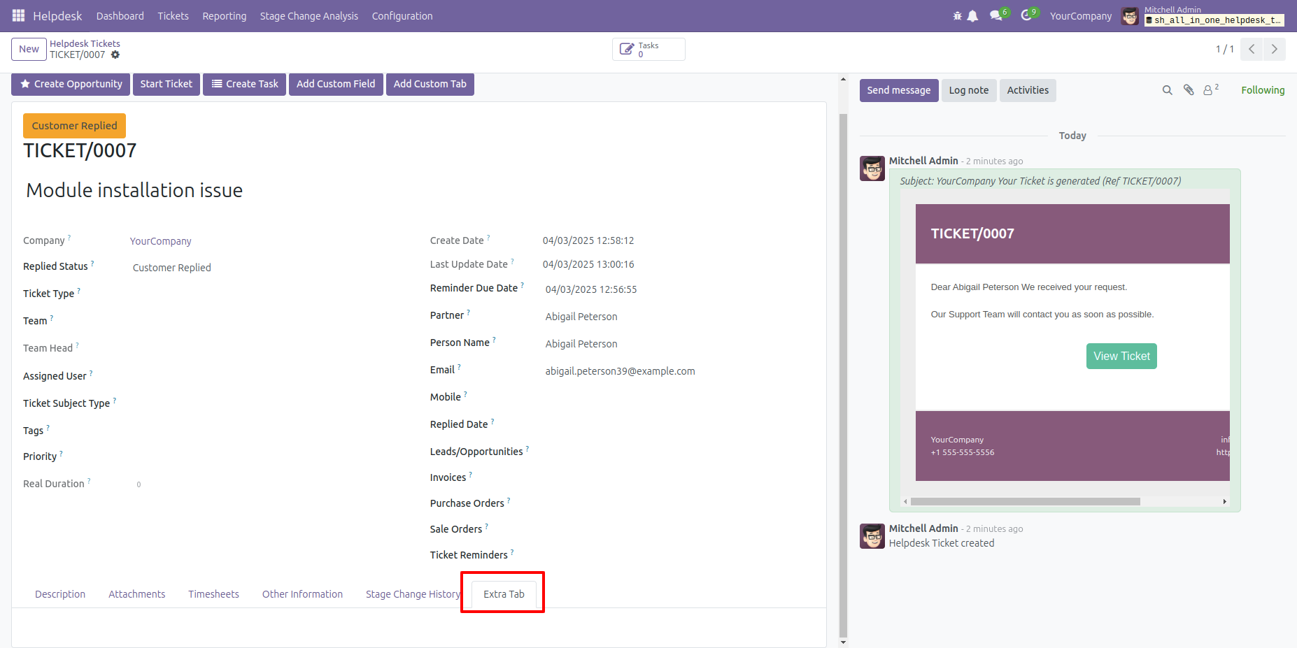 Newly created custom tab displayed on the Helpdesk ticket
