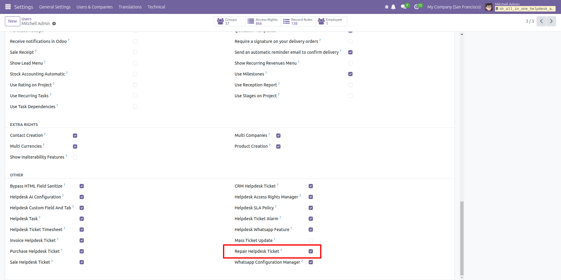 Enable Repair Helpdesk Ticket access for users