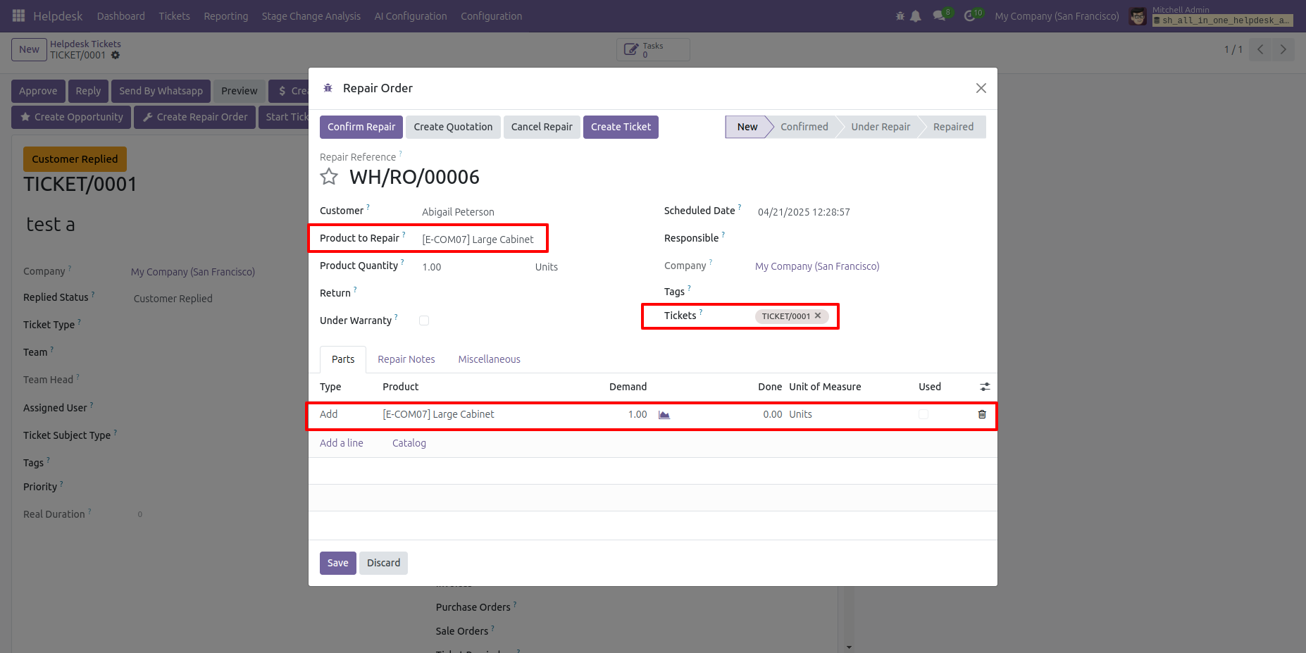 Repair Order wizard showing the selected product and ticket number