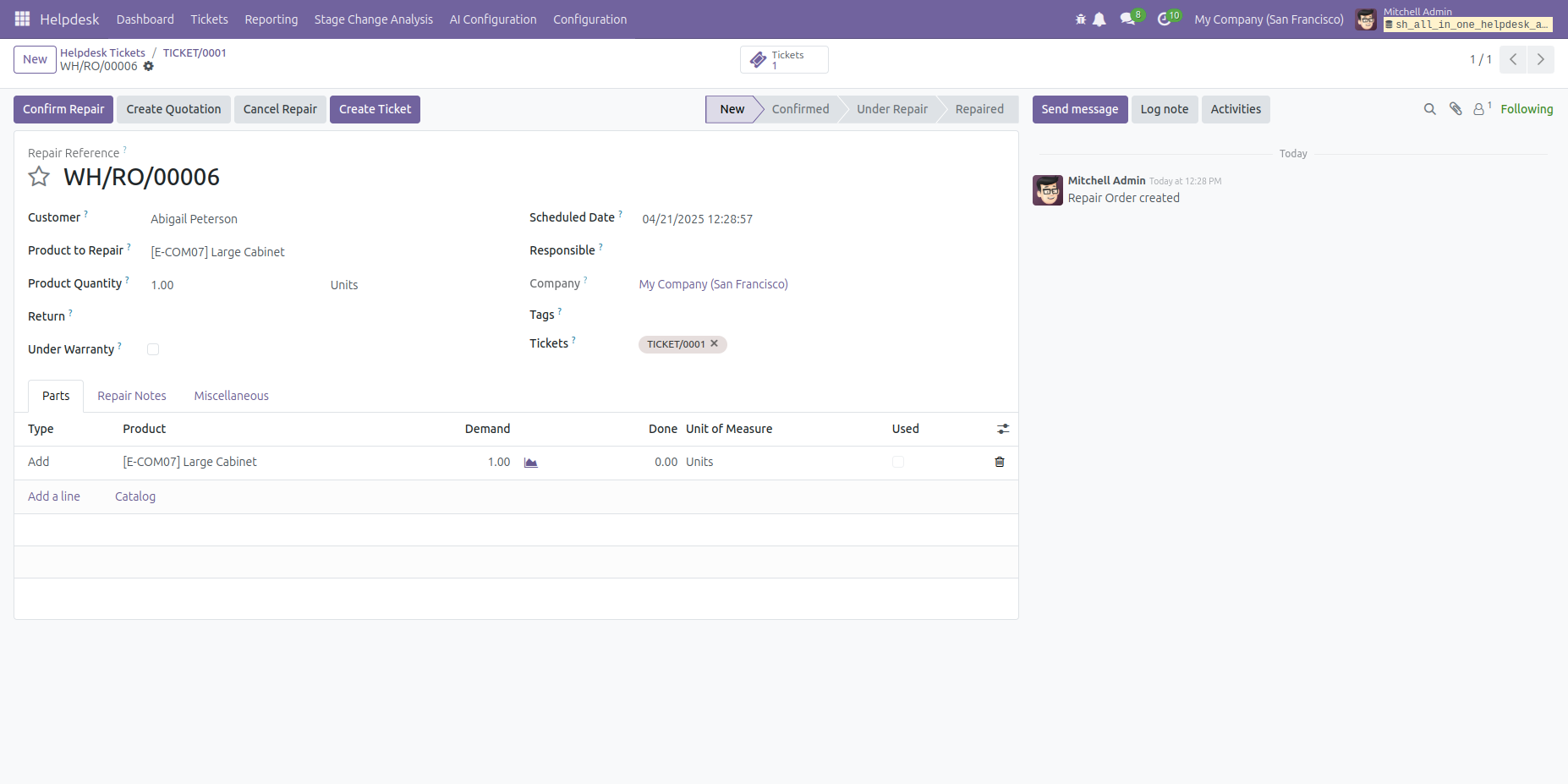Repair order form view with repair details