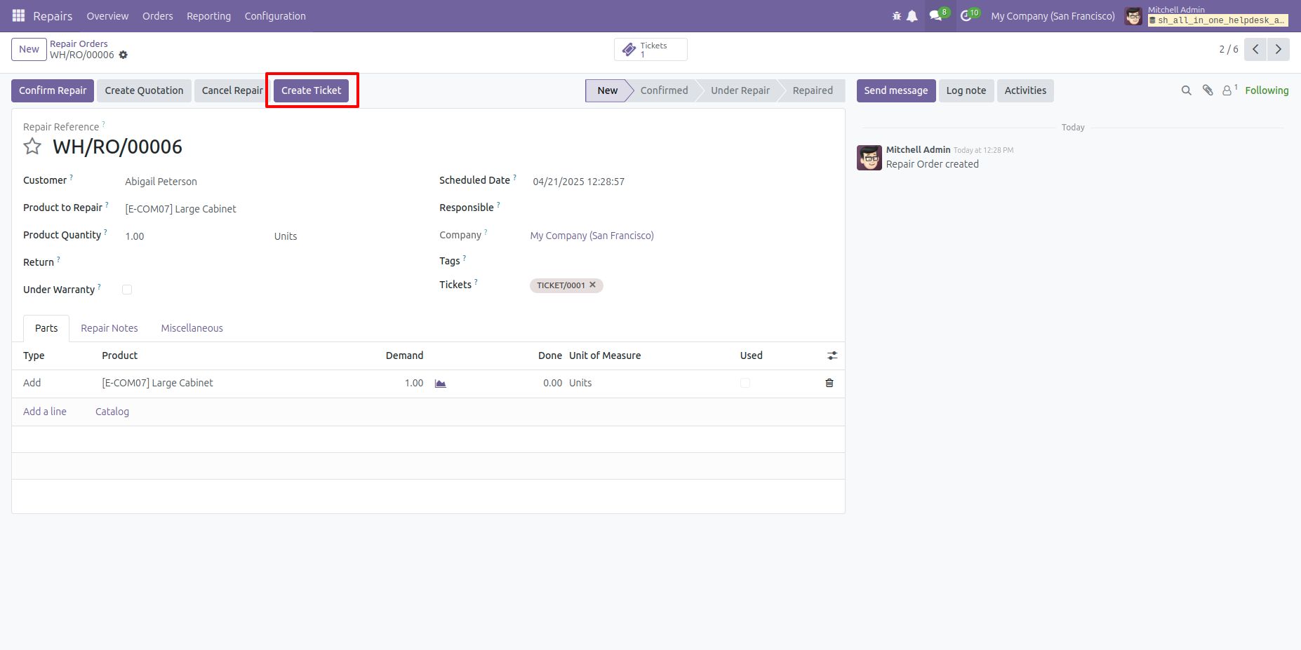 Create a Helpdesk ticket from a repair order