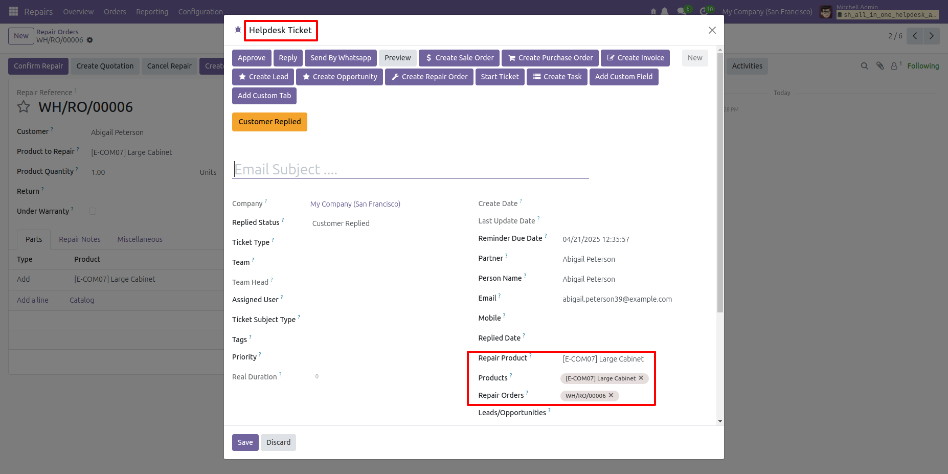 Helpdesk Ticket wizard showing repair product and repair order