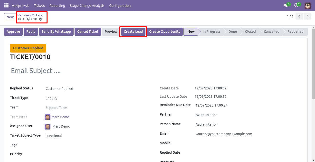 Create a lead from the Helpdesk ticket