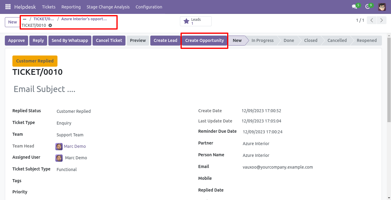 Create an opportunity from the Helpdesk ticket