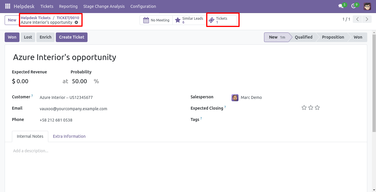 Opportunity showing linked Helpdesk tickets