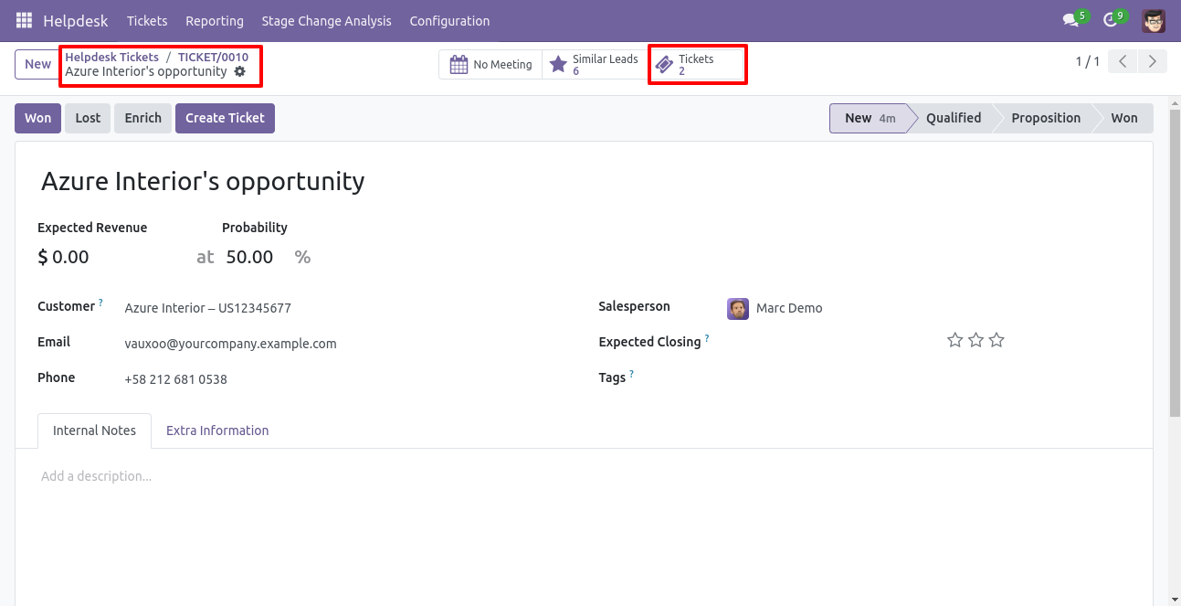 Lead or opportunity showing linked Helpdesk tickets