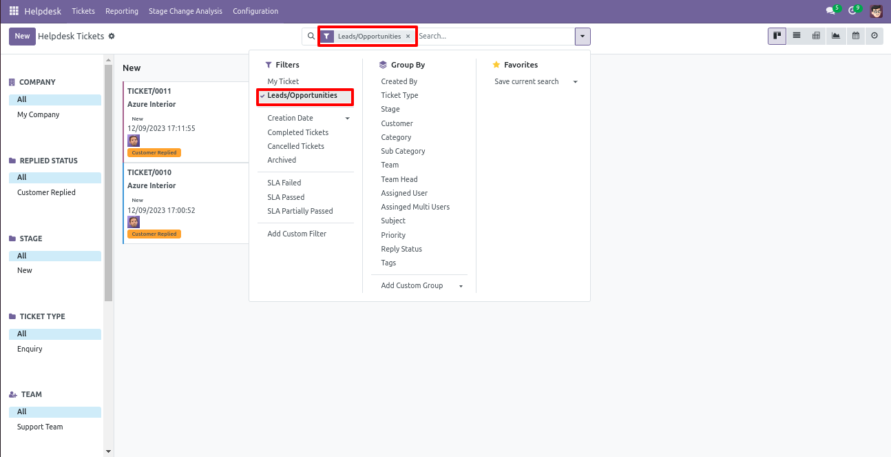 Filter Helpdesk tickets by lead or opportunity