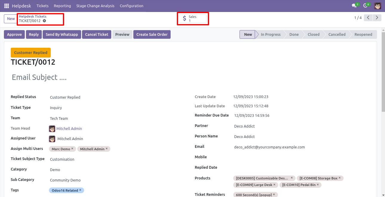 Helpdesk ticket showing linked sale order