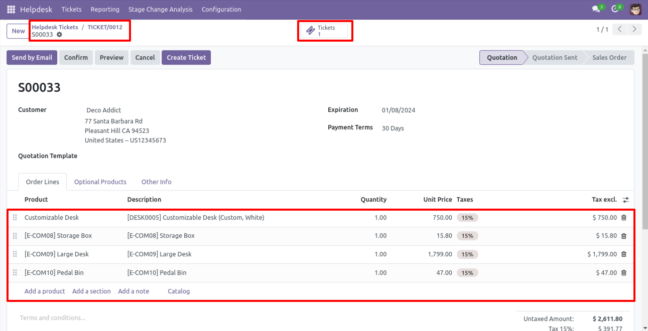 Sale order showing linked Helpdesk tickets