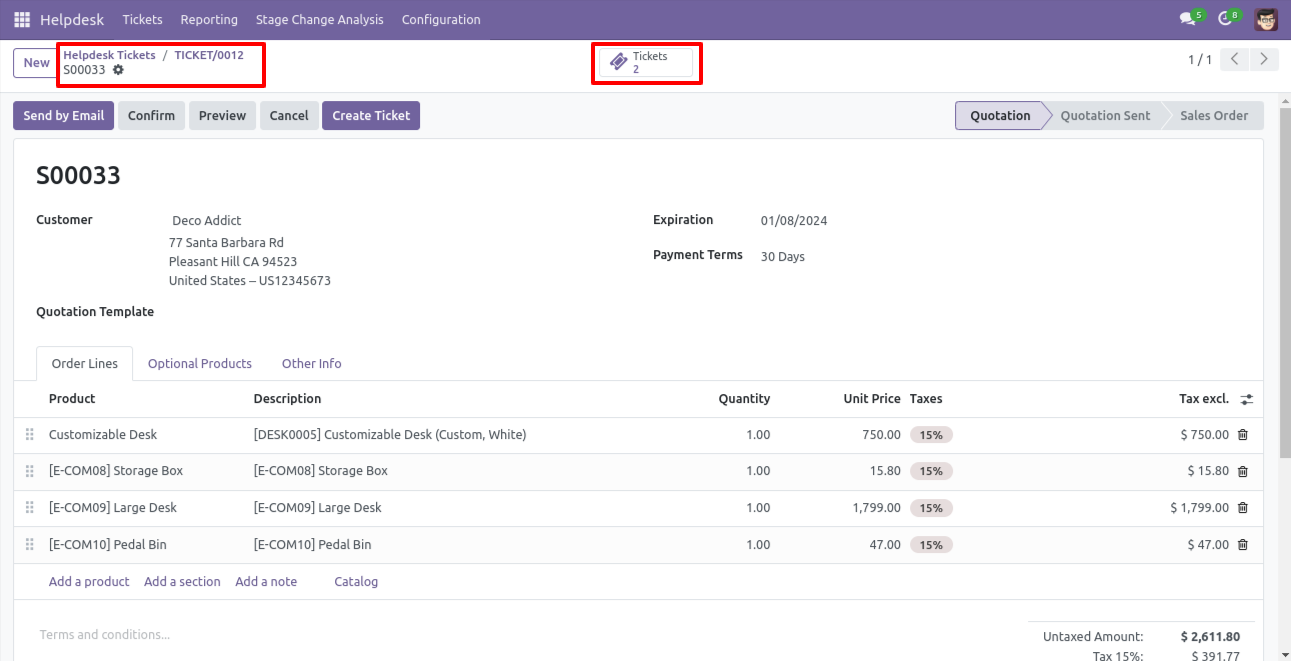 Sale order showing linked Helpdesk tickets