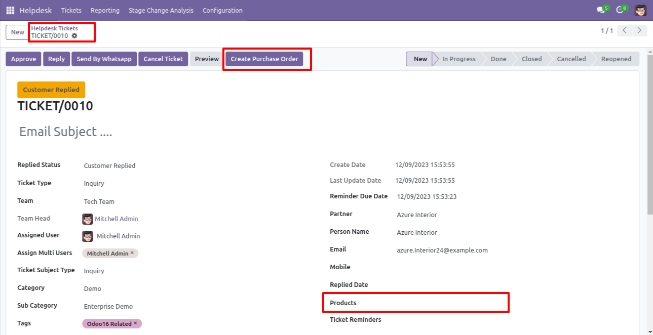 Create a purchase order from the Helpdesk ticket