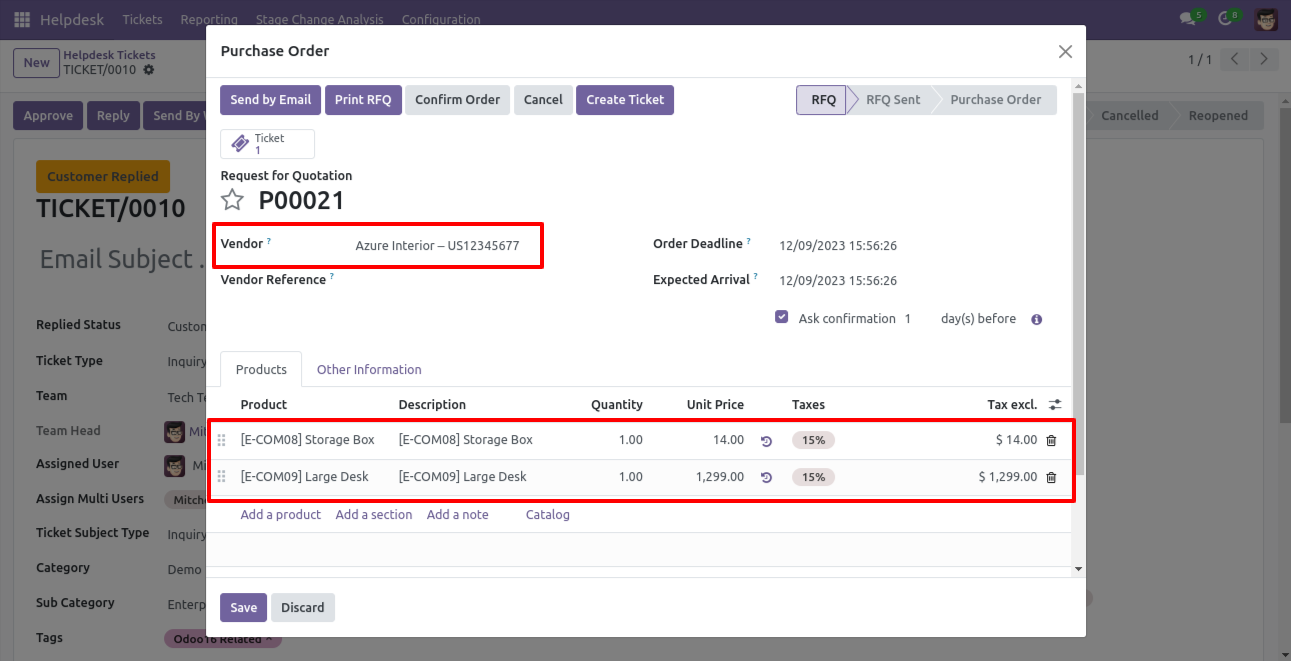 Create Purchase Order wizard with order details