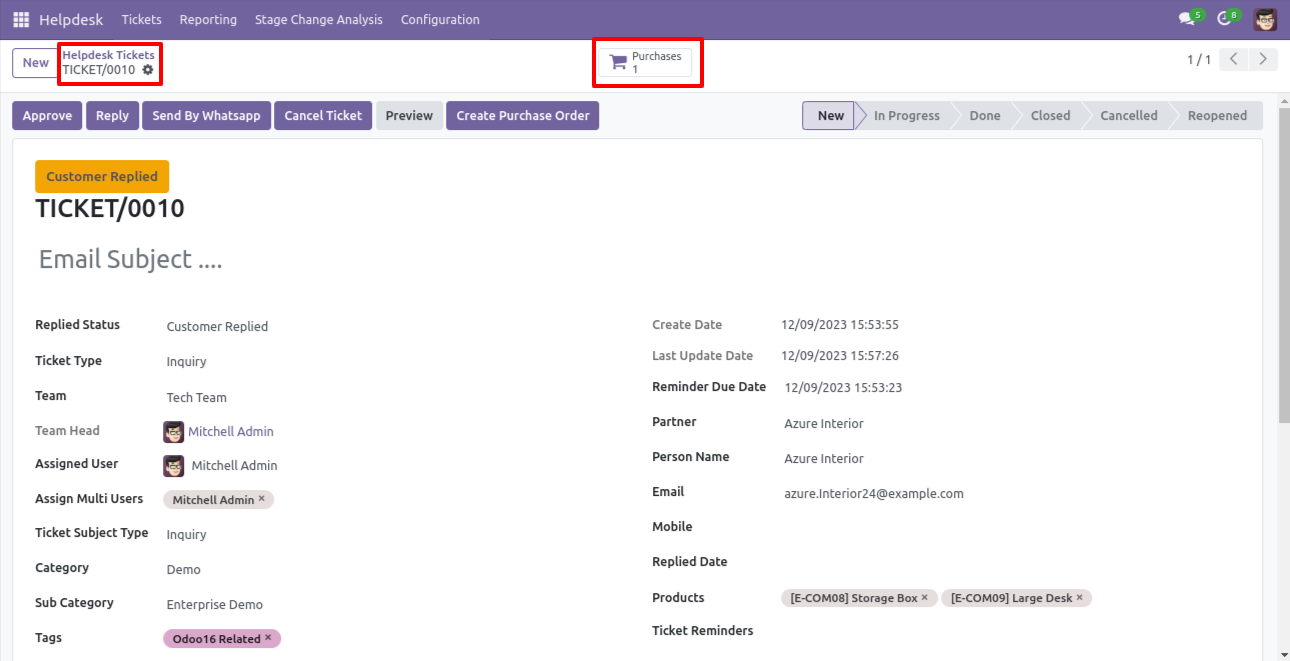 Helpdesk ticket showing linked purchase orders