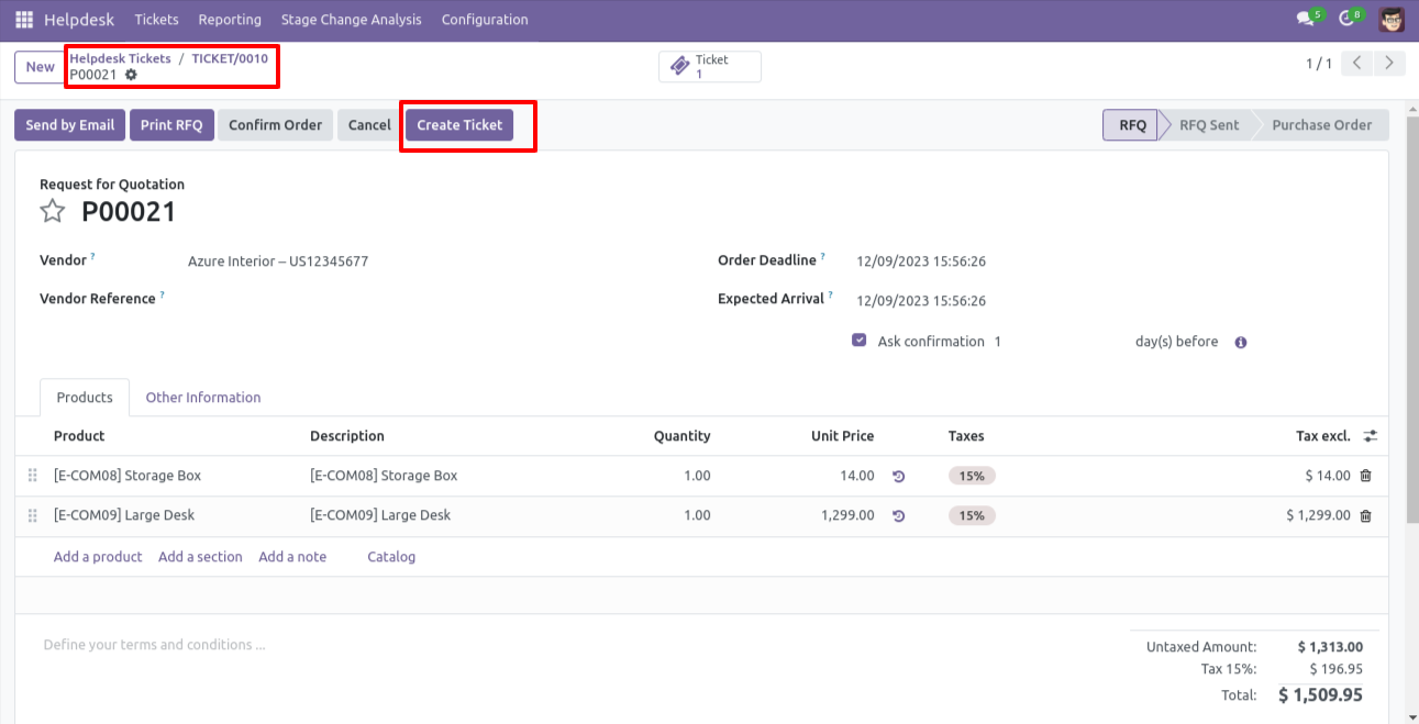 Create a Helpdesk ticket from a purchase order