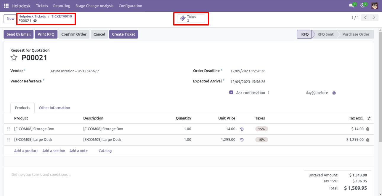 Purchase order showing linked Helpdesk tickets