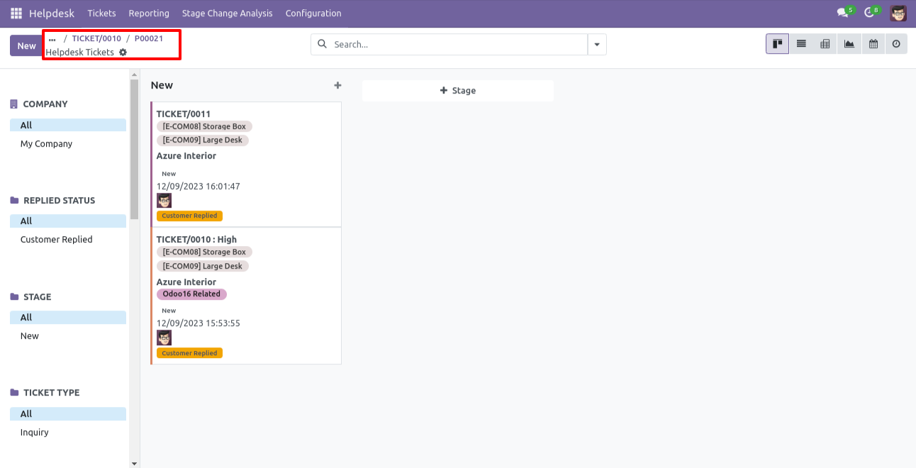Helpdesk tickets in Kanban view