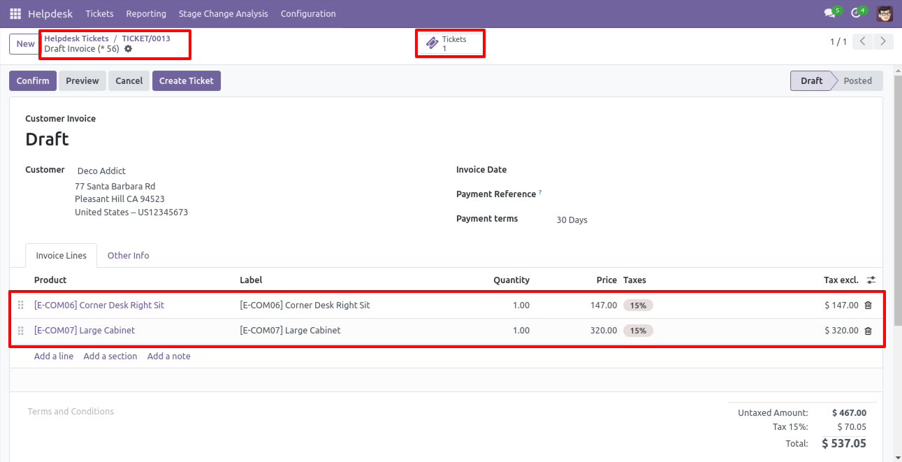 Invoice showing linked Helpdesk tickets