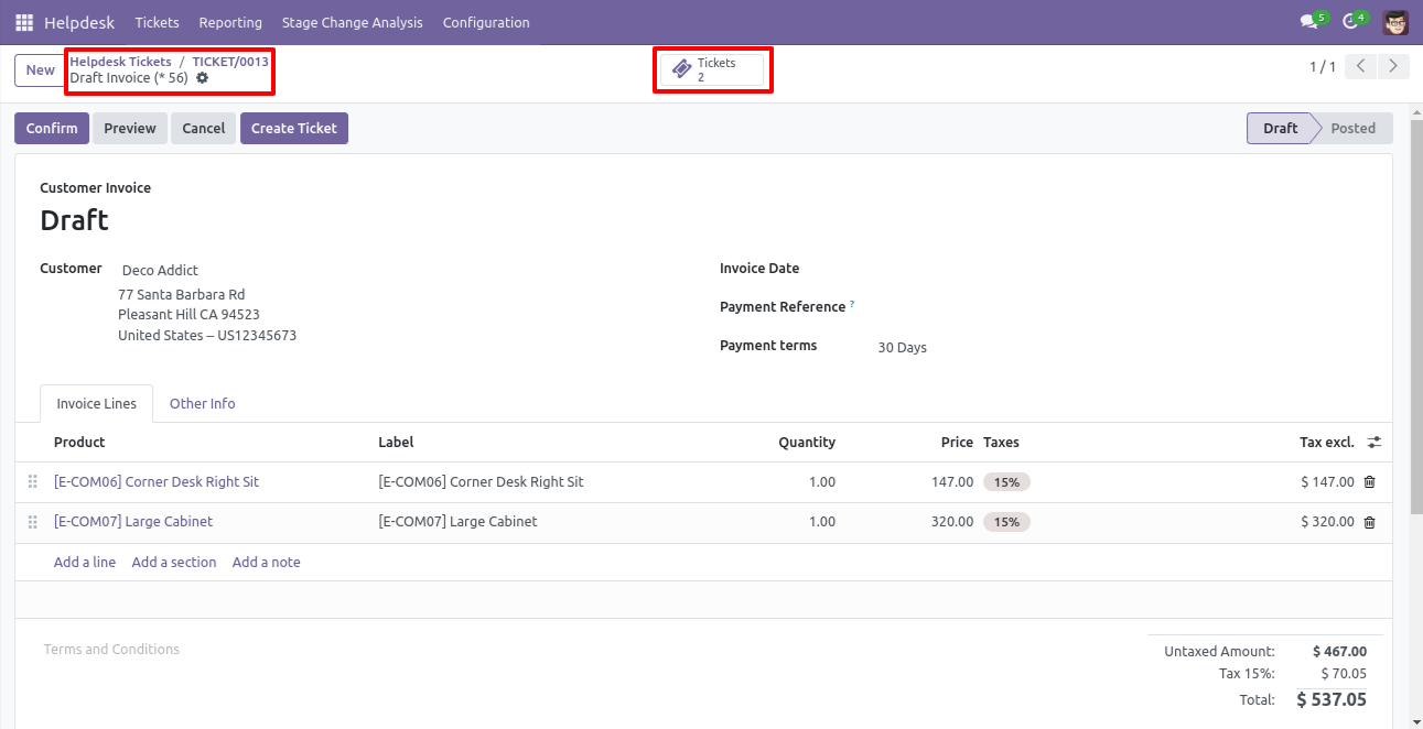 Invoice showing linked Helpdesk tickets