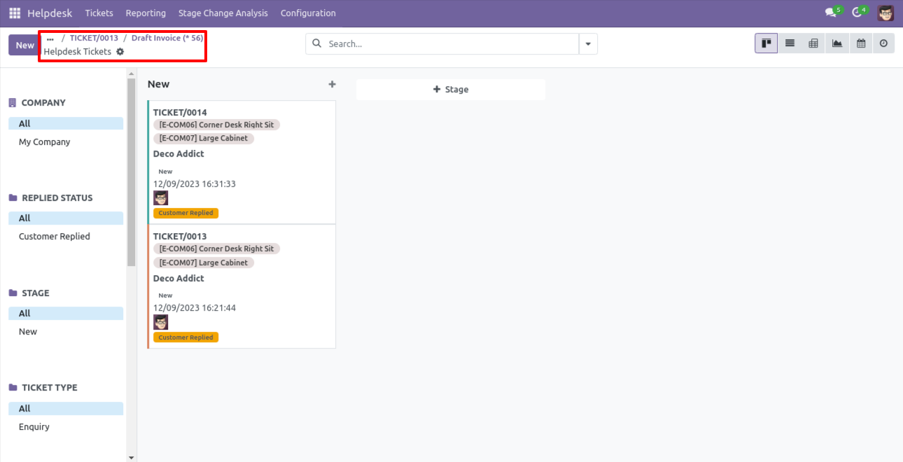 Helpdesk tickets in Kanban view