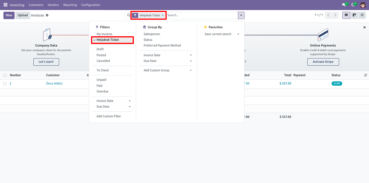 Filter invoices by linked Helpdesk tickets