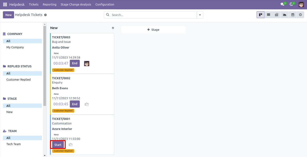 Start timer for a Helpdesk ticket