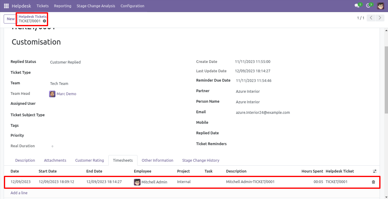 Helpdesk ticket showing updated timesheet entry
