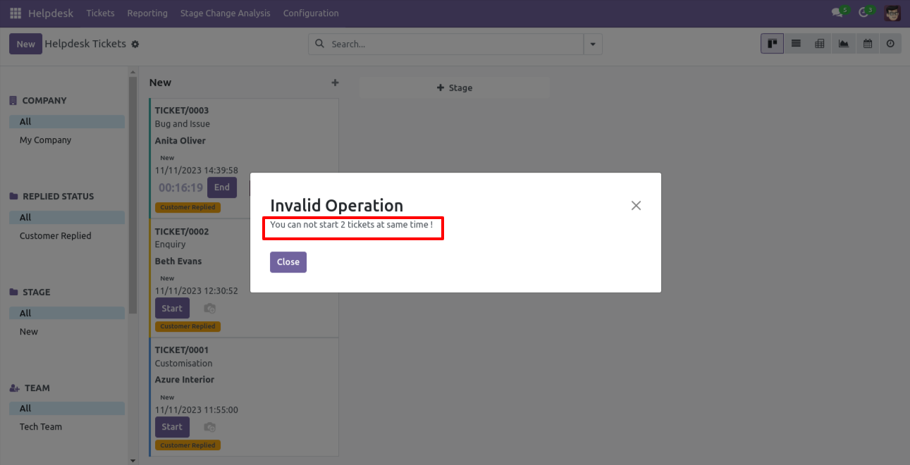 Warning when starting multiple ticket timers is disabled