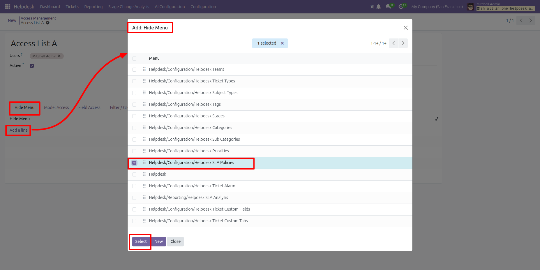 Select a Helpdesk menu to hide from users