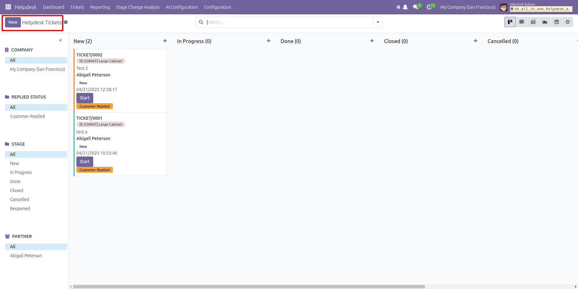 Helpdesk ticket Kanban view with New button