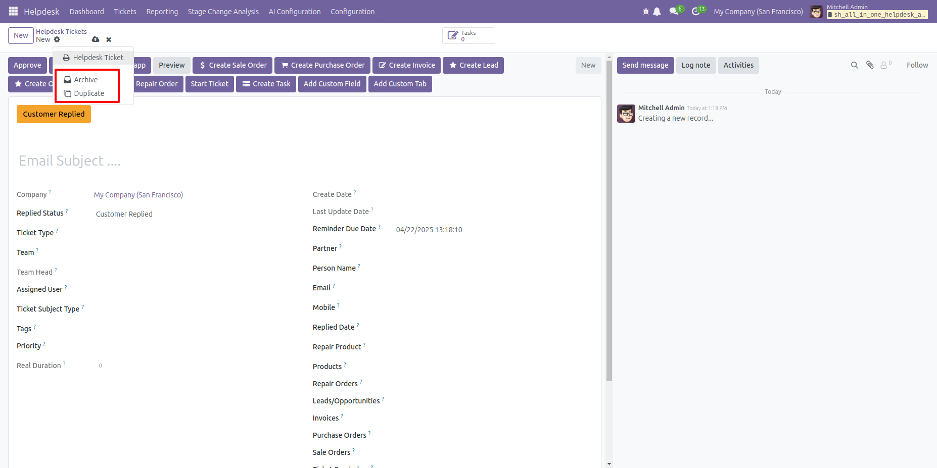 Helpdesk ticket form with New, Archive, and Duplicate options