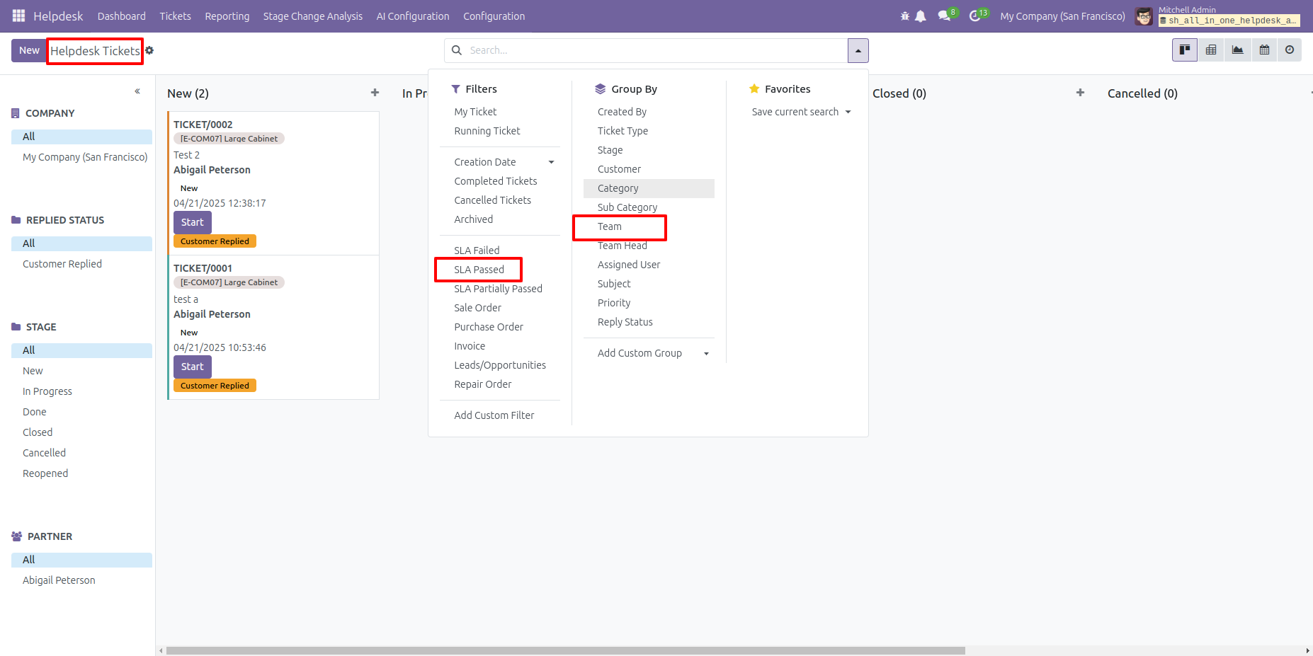 Helpdesk filters and grouping showing SLA Passed and Team options