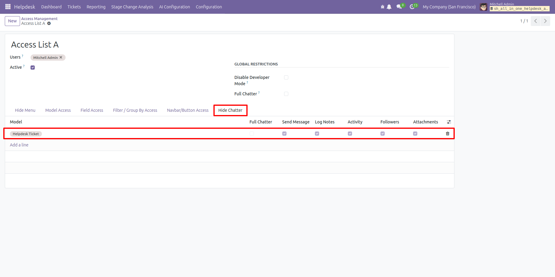 Select chatter options to hide from the Helpdesk ticket