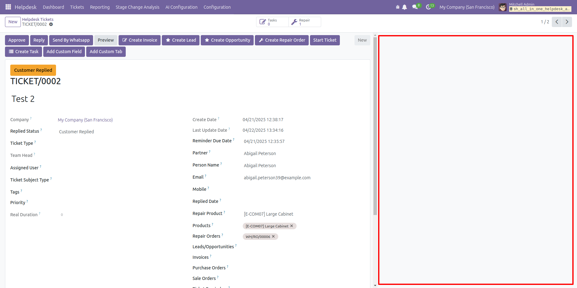 Helpdesk ticket form with the Chatter section hidden