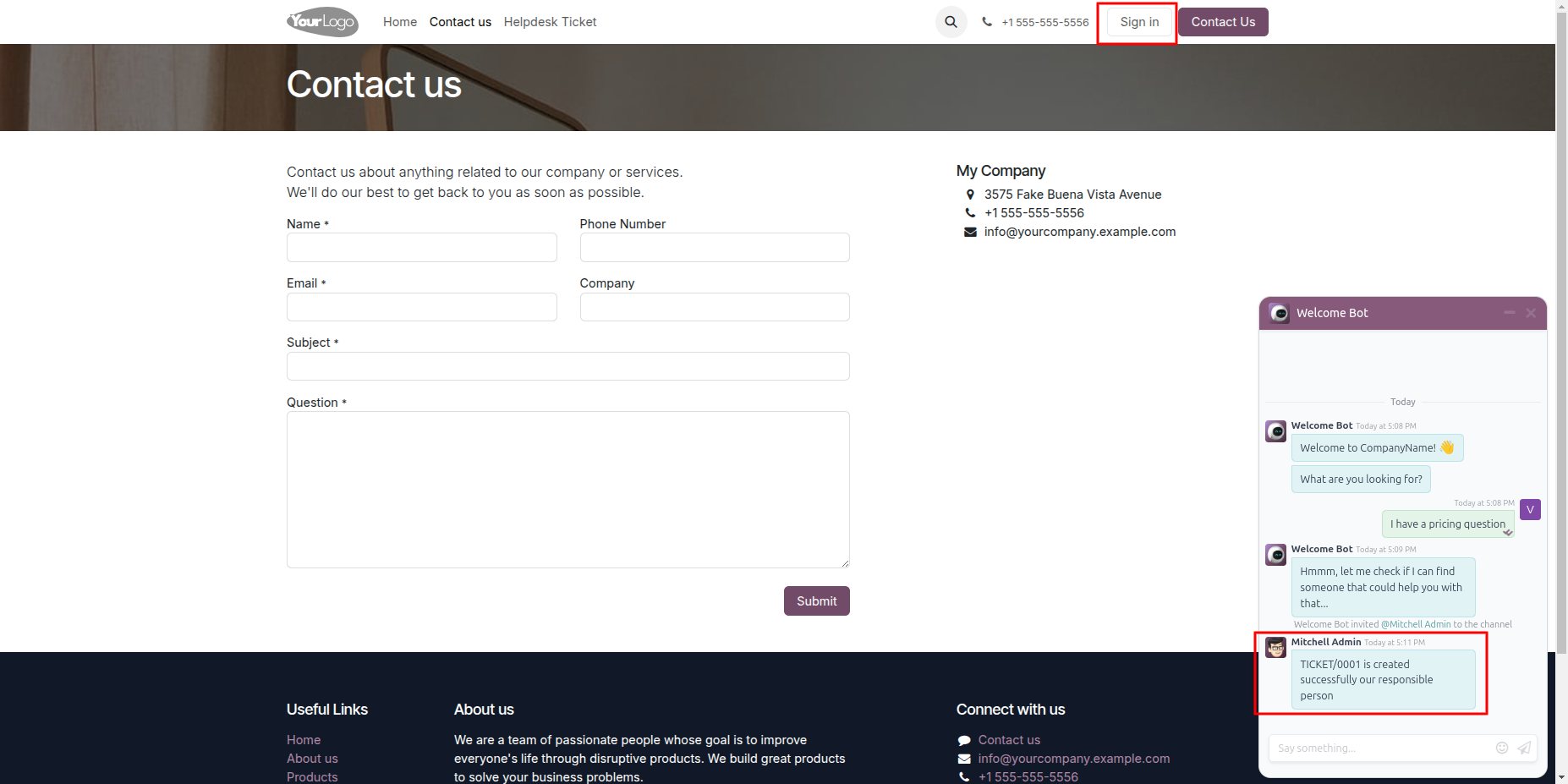 Customer view showing the ticket creation success message