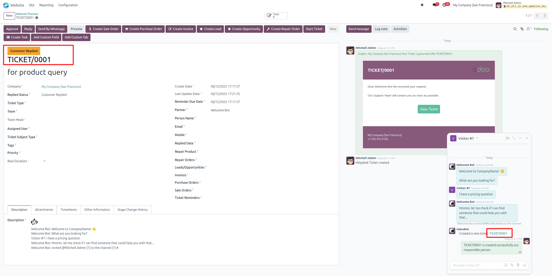 Created Helpdesk ticket displayed in form view