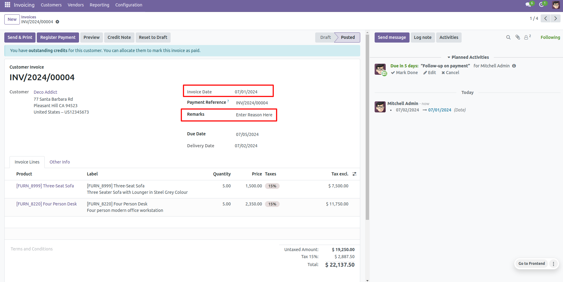 Odoo invoice with backdate and remarks
