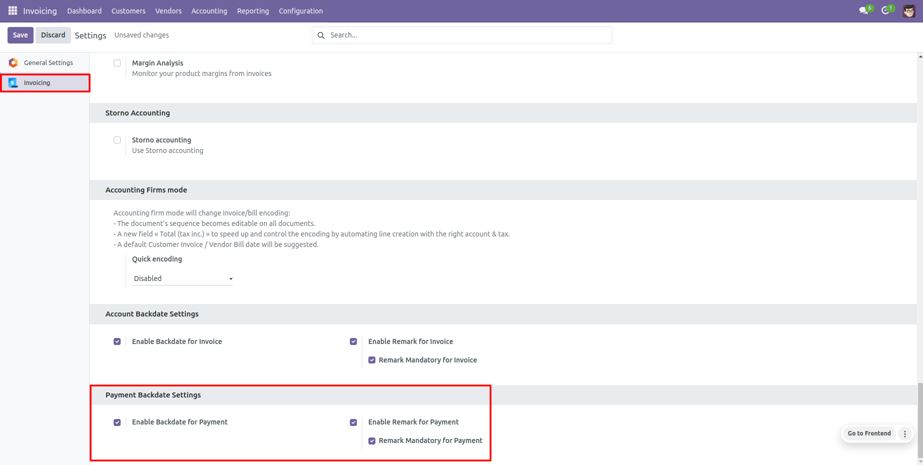 Odoo payment settings for backdate