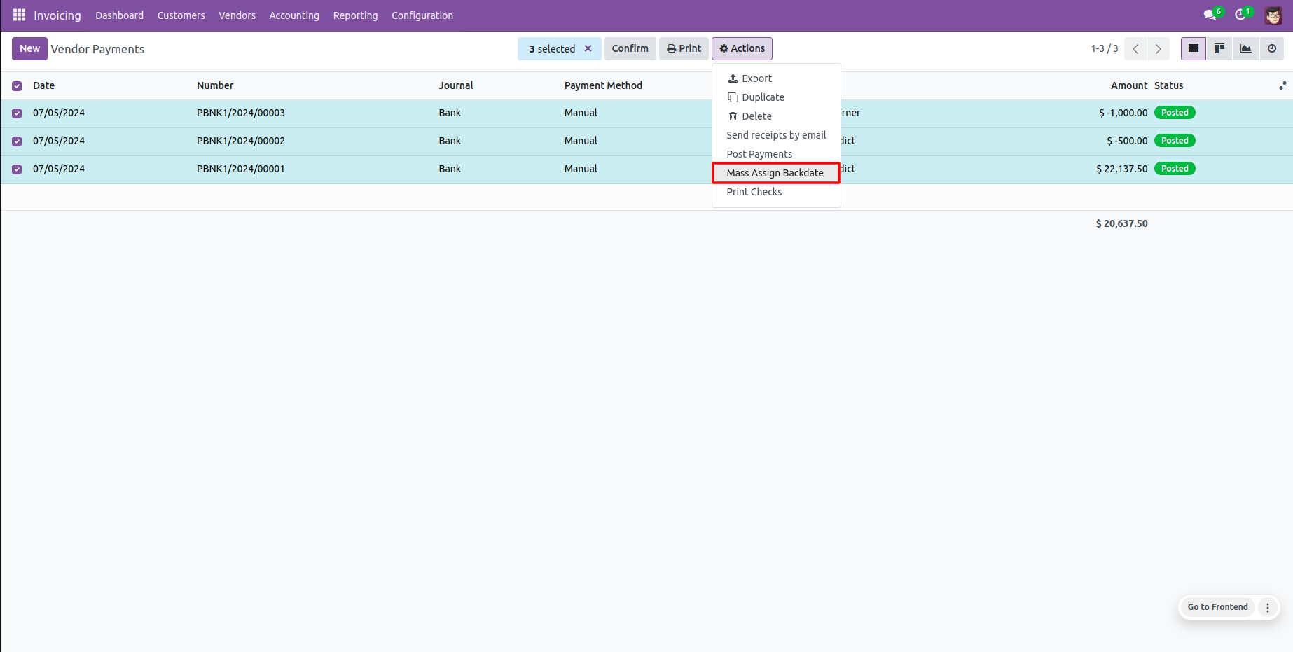 Odoo payment list with Mass Assign Backdate