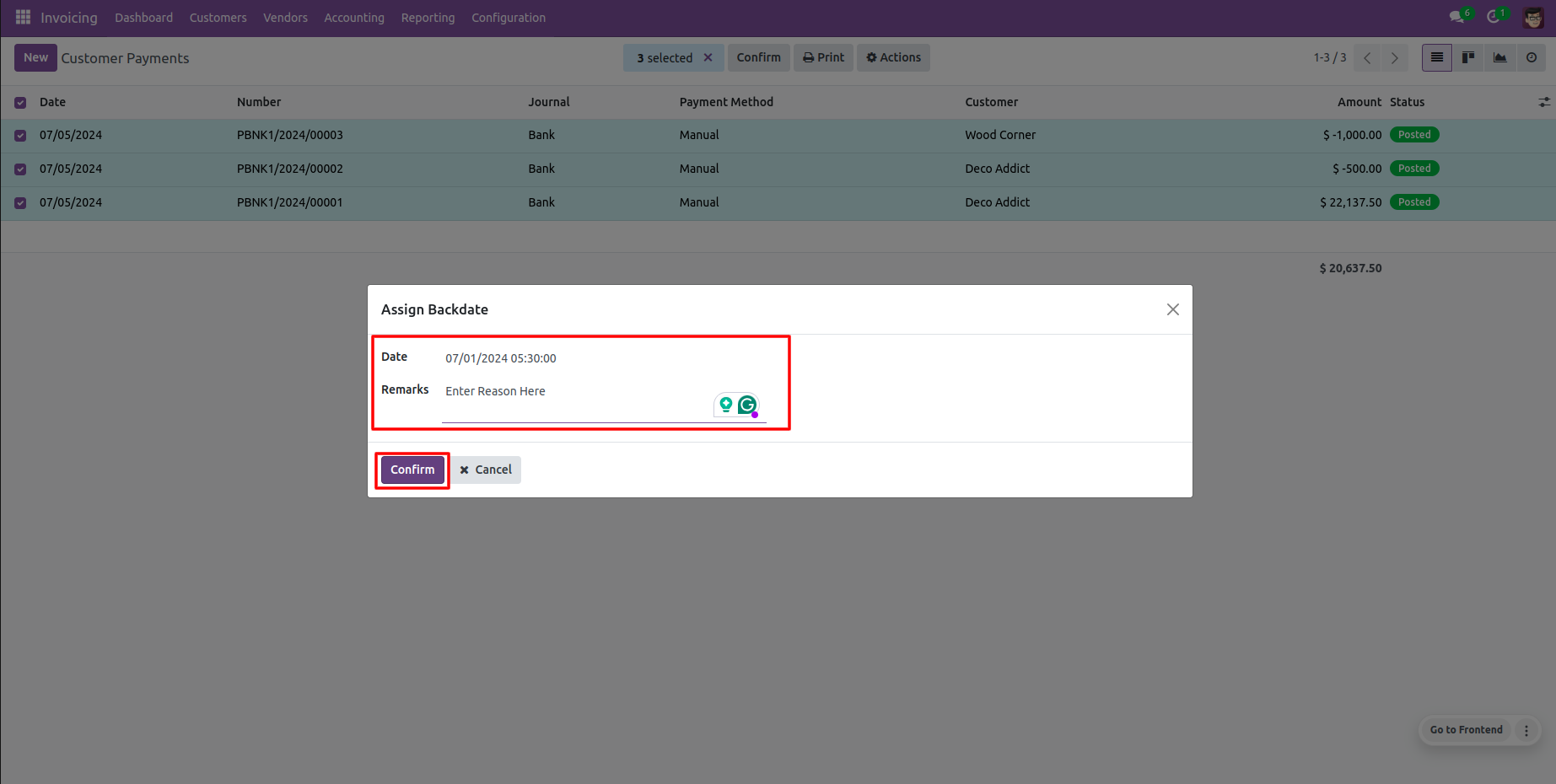 Odoo Payment Mass Assign Backdate wizard