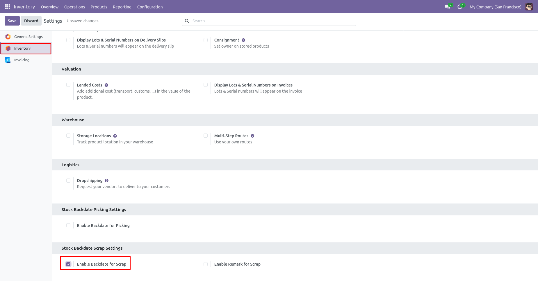 Odoo Scrap settings with backdate option