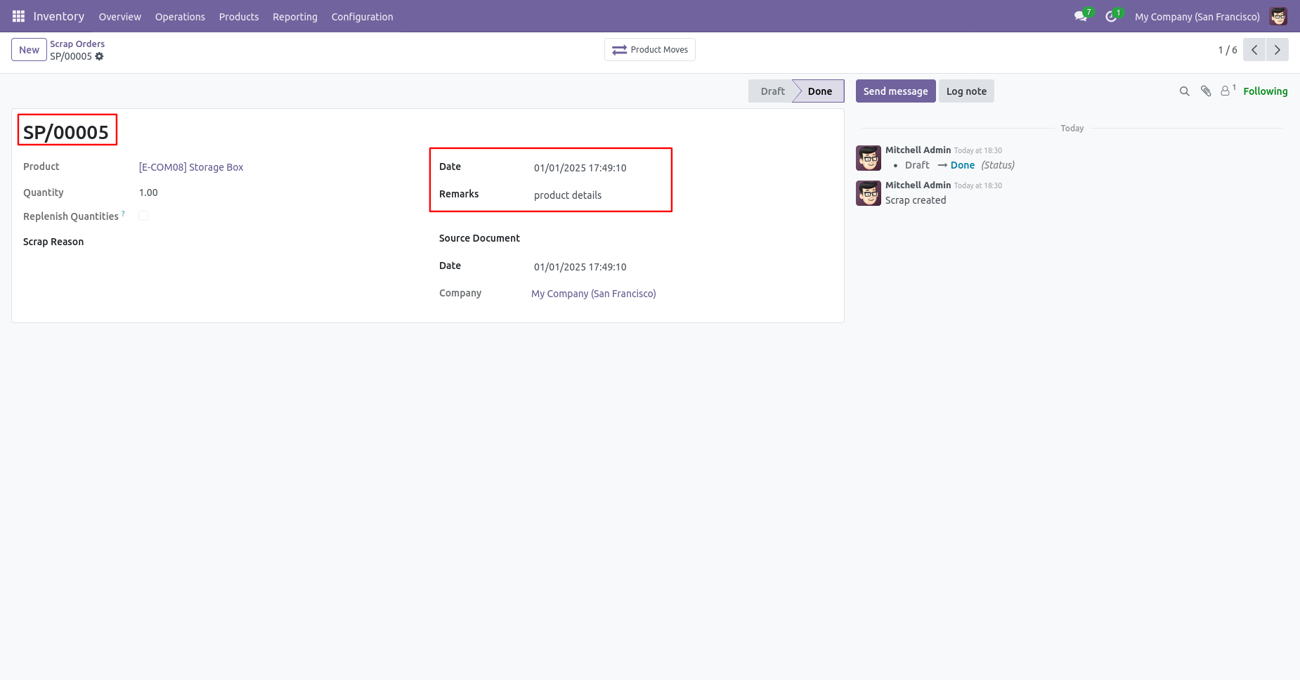 Odoo scrap order with backdate and remarks