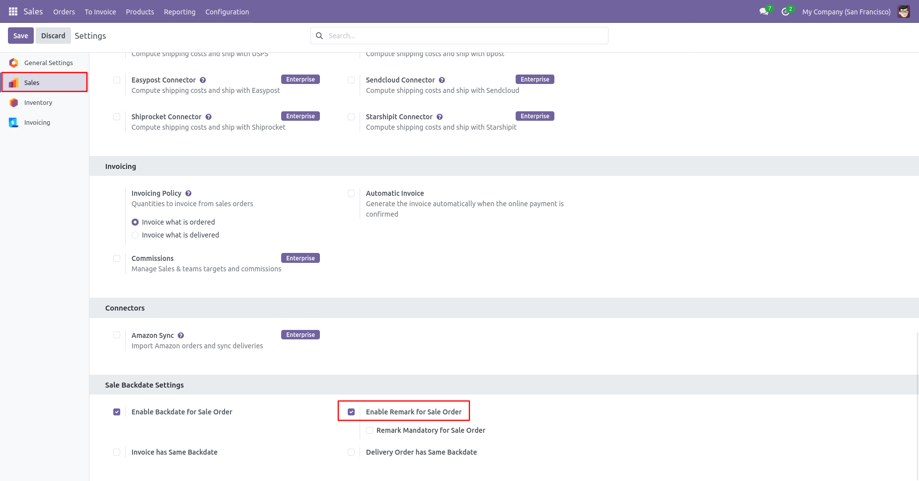 Odoo Sales settings with remarks option